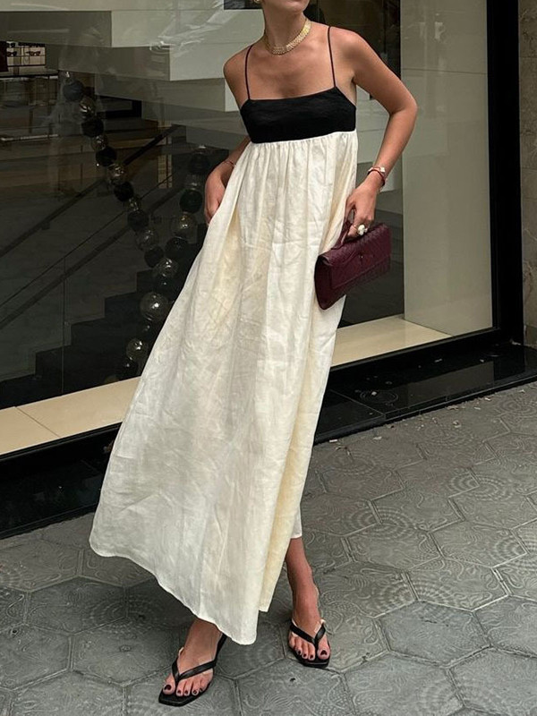 Split-Joint Pleated Contrast Color Loose A-Line Spaghetti-Neck Maxi Dresses