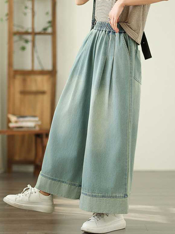 Pockets Pleated Elasticity Wide Leg Loose Trousers Jean Pants Bottoms