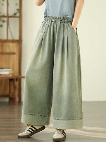 Pockets Pleated Elasticity Wide Leg Loose Trousers Jean Pants Bottoms