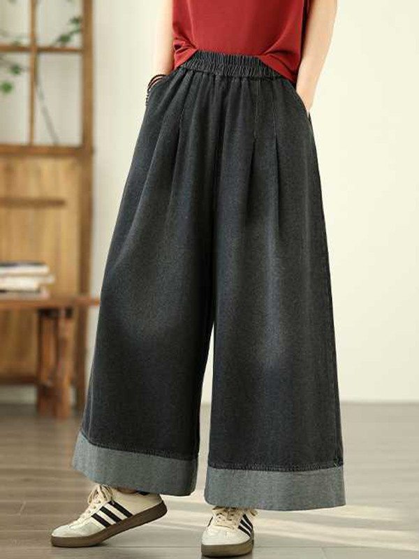 Pockets Pleated Elasticity Wide Leg Loose Trousers Jean Pants Bottoms