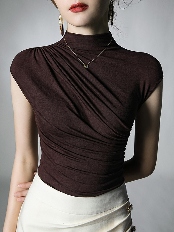 Solid Color Pleated Skinny Mock Neck T-Shirts Tops