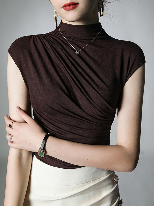 Solid Color Pleated Skinny Mock Neck T-Shirts Tops