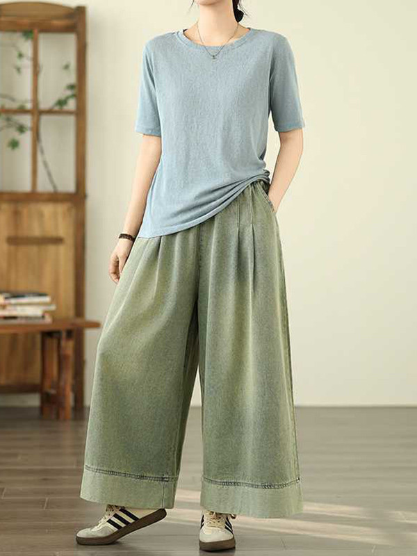 Pockets Pleated Elasticity Wide Leg Loose Trousers Jean Pants Bottoms