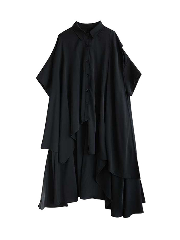 Solid Color Pockets Buttoned Asymmetric Loose High-Low Lapel Shirt Dress Midi Dresses