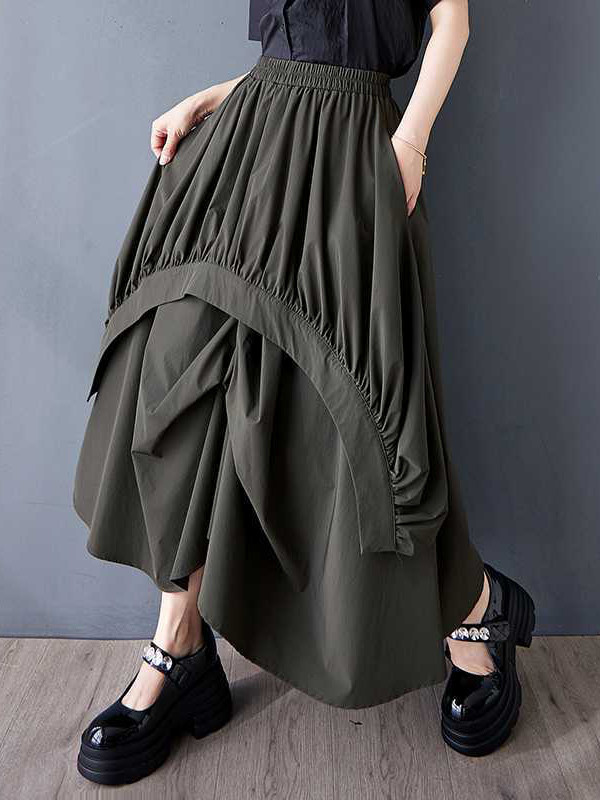 Solid Color Pockets Pleated Elasticity Asymmetric Loose A-Line Skirts