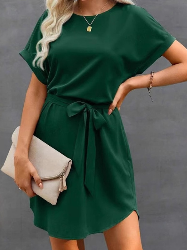 Tied Waist Solid Color Short Sleeves Loose Round-Neck Mini Dresses