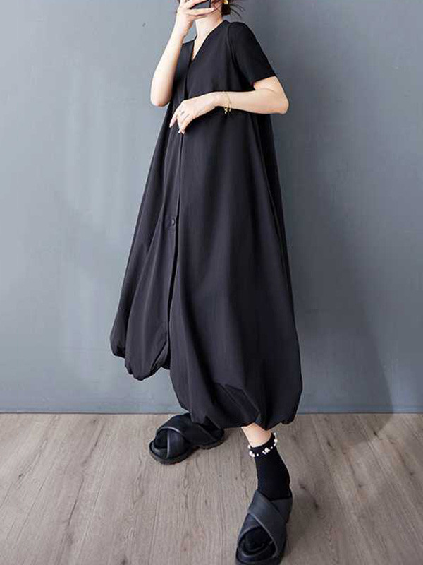 Solid Color Pockets Pleated Buttoned Sleeveless Loose V-Neck Vest Outerwear Midi Dresses