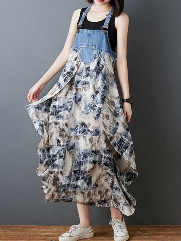 Split-Joint Pockets Flower Print Sleeveless Plus Size Spaghetti-Neck Suspender Dress Maxi Dresses
