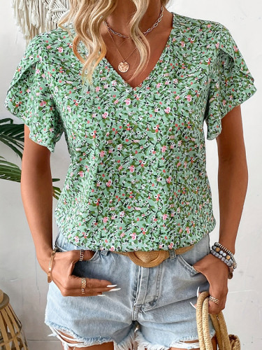 Floral Print Short Sleeve Puff Sleeve V-Neck T-Shirt
