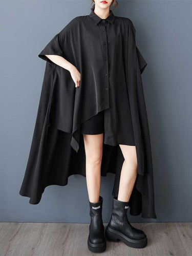 Solid Color Pockets Buttoned Asymmetric Loose High-Low Lapel Shirt Dress Midi Dresses