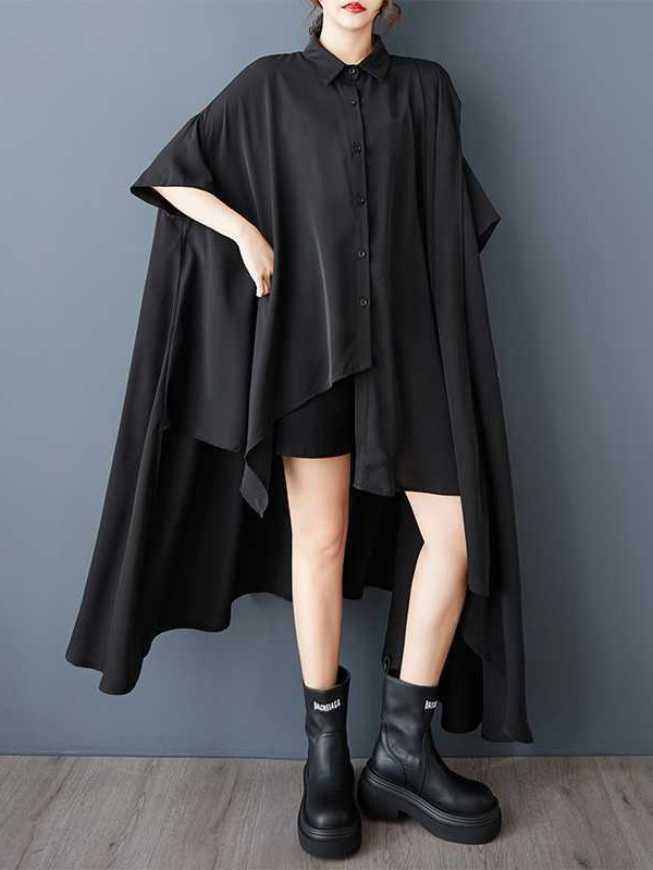 Solid Color Pockets Buttoned Asymmetric Loose High-Low Lapel Shirt Dress Midi Dresses