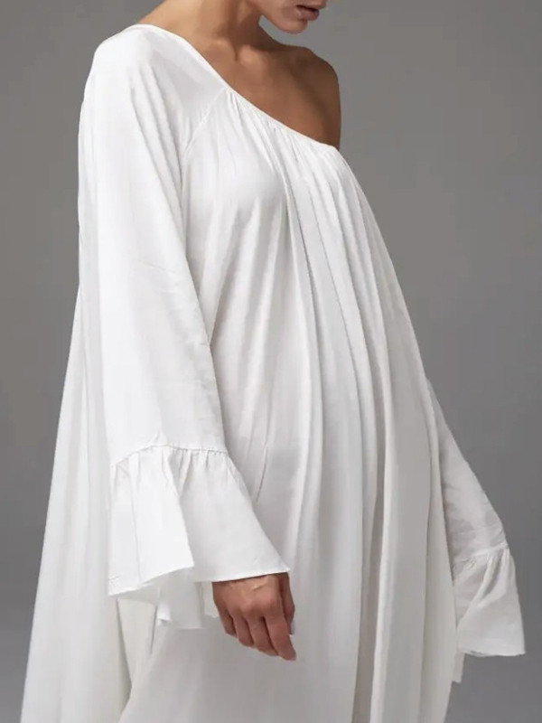 Split-Joint Solid Color Pleated Loose Flared Sleeves Round-Neck Maxi Dresses