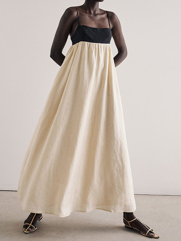 Split-Joint Pleated Contrast Color Loose A-Line Spaghetti-Neck Maxi Dresses