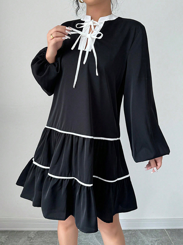 Tied Pleated Elasticity Puff Sleeves Loose V-Neck Mini Dresses