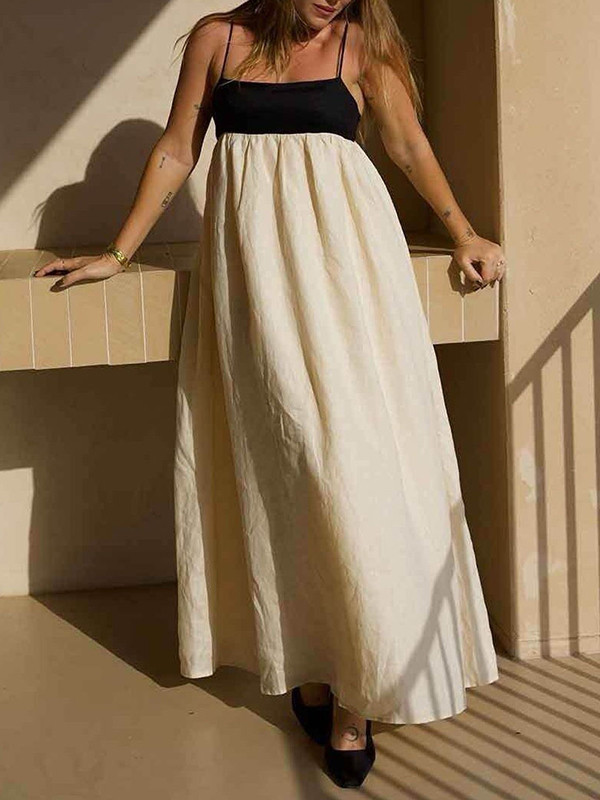 Split-Joint Pleated Contrast Color Loose A-Line Spaghetti-Neck Maxi Dresses