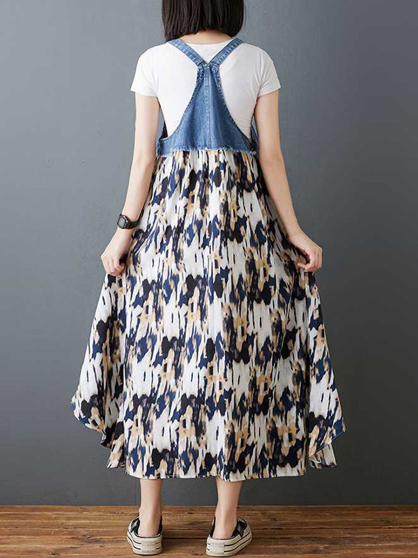 Split-Joint Pockets Flower Print Sleeveless Plus Size Spaghetti-Neck Suspender Dress Maxi Dresses