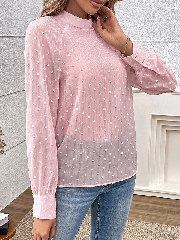 Solid Color Jacquard Hollow Buttoned Loose Long Sleeves Mock Neck Blouses&Shirts Tops