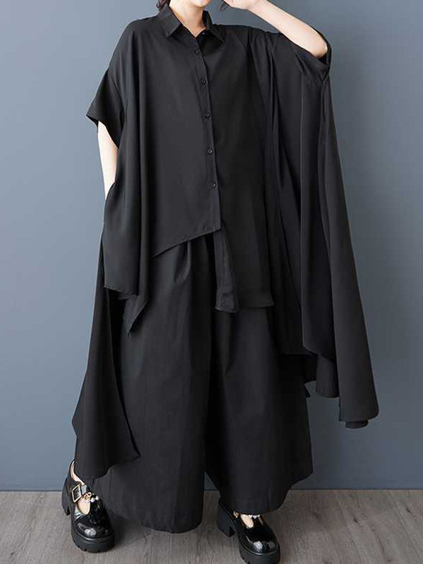 Solid Color Pockets Buttoned Asymmetric Loose High-Low Lapel Shirt Dress Midi Dresses