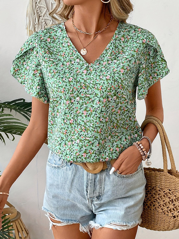 Floral Print Short Sleeve Puff Sleeve V-Neck T-Shirt
