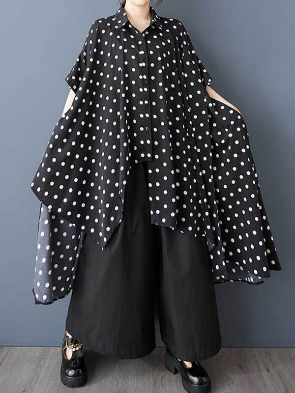 Polka-Dot Buttoned Asymmetric Short Sleeves Loose Lapel Shirt Dress Midi Dresses
