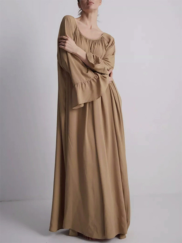 Split-Joint Solid Color Pleated Loose Flared Sleeves Round-Neck Maxi Dresses
