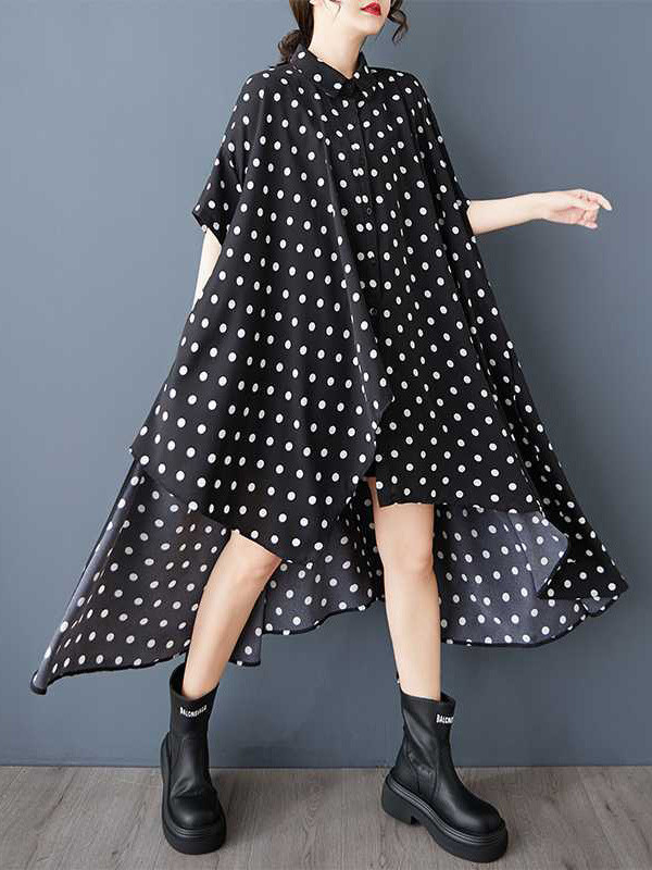 Polka-Dot Buttoned Asymmetric Short Sleeves Loose Lapel Shirt Dress Midi Dresses