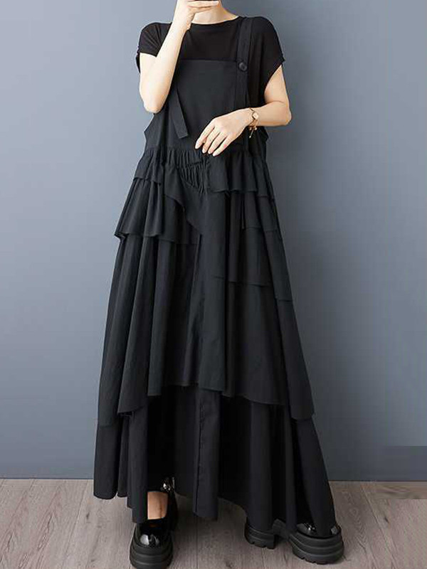 Pleated Buttoned Asymmetric Sleeveless Loose Spaghetti-Neck Suspender Dress Maxi Dresses