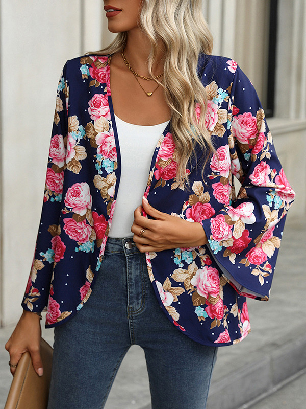 Flower Print Loose Long Sleeves Collarless Outerwear