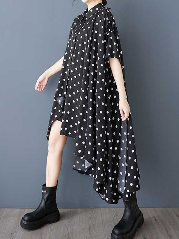 Polka-Dot Buttoned Asymmetric Short Sleeves Loose Lapel Shirt Dress Midi Dresses
