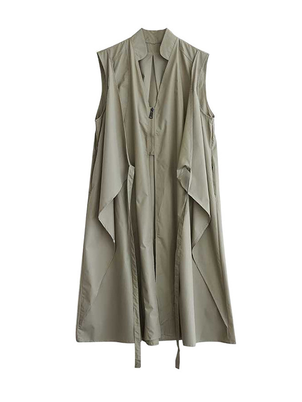 Zipper Tied Solid Color Pockets Sleeveless Loose V-Neck Shirt Dress Midi Dresses