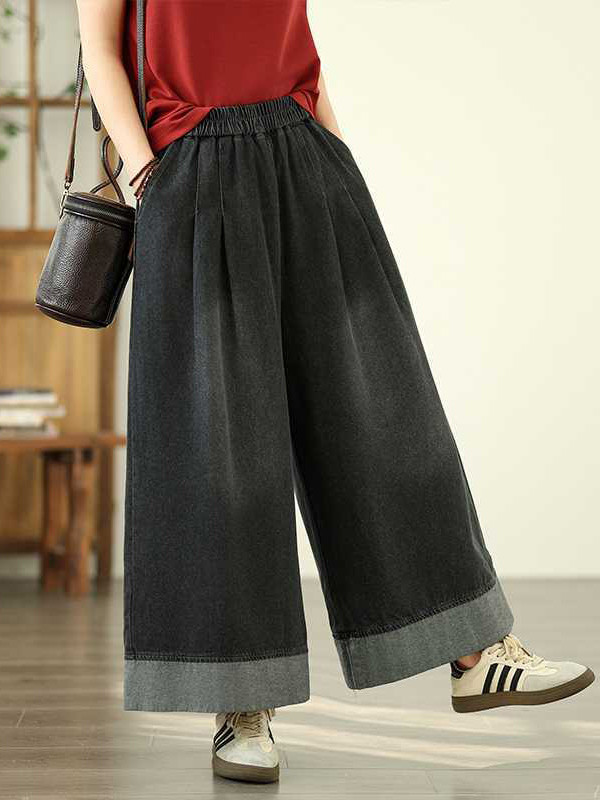 Pockets Pleated Elasticity Wide Leg Loose Trousers Jean Pants Bottoms