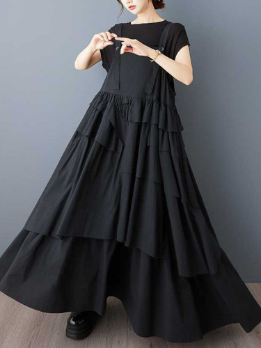 Pleated Buttoned Asymmetric Sleeveless Loose Spaghetti-Neck Suspender Dress Maxi Dresses