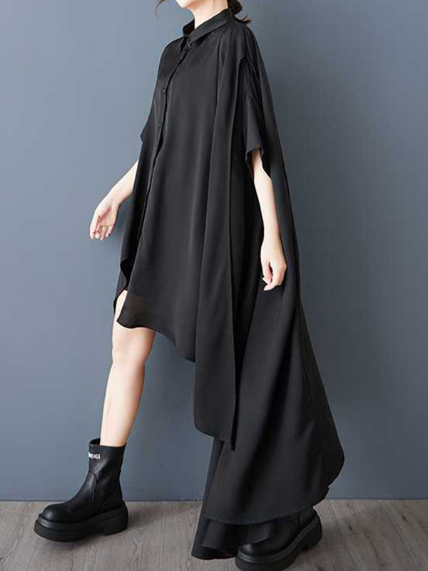 Solid Color Pockets Buttoned Asymmetric Loose High-Low Lapel Shirt Dress Midi Dresses
