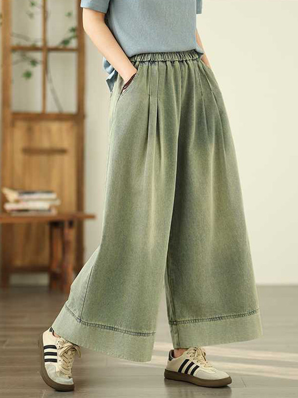Pockets Pleated Elasticity Wide Leg Loose Trousers Jean Pants Bottoms