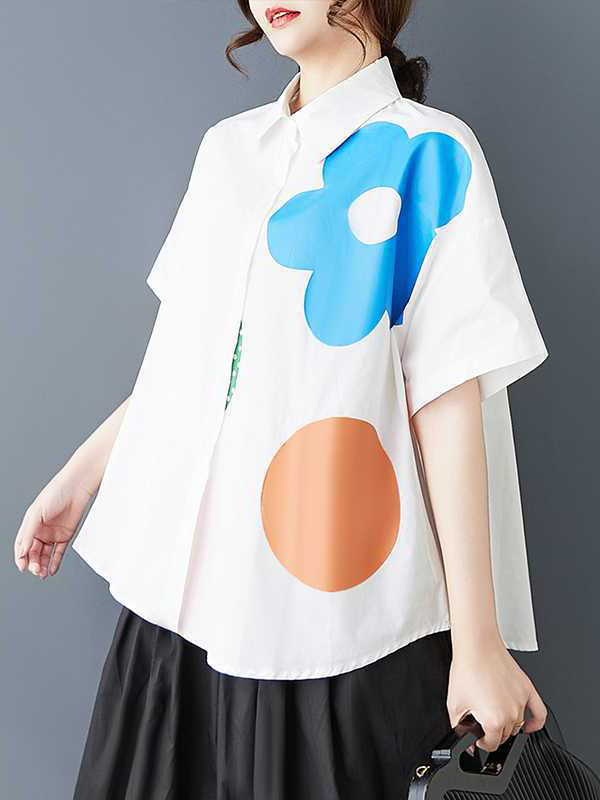 Flower Print Buttoned Short Sleeves Loose Lapel Blouses&Shirts Tops