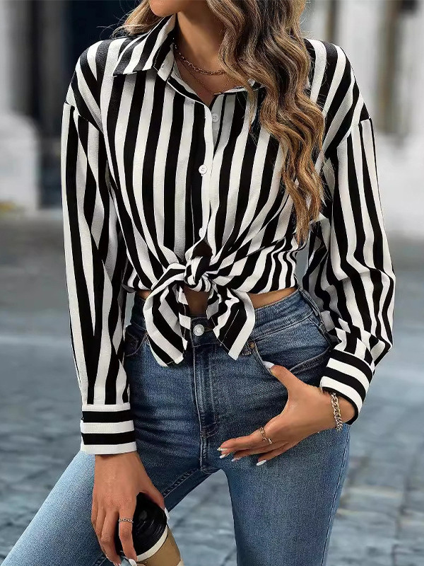 Striped Contrast Color Buttoned Loose Long Sleeves Lapel Blouses&Shirts Tops