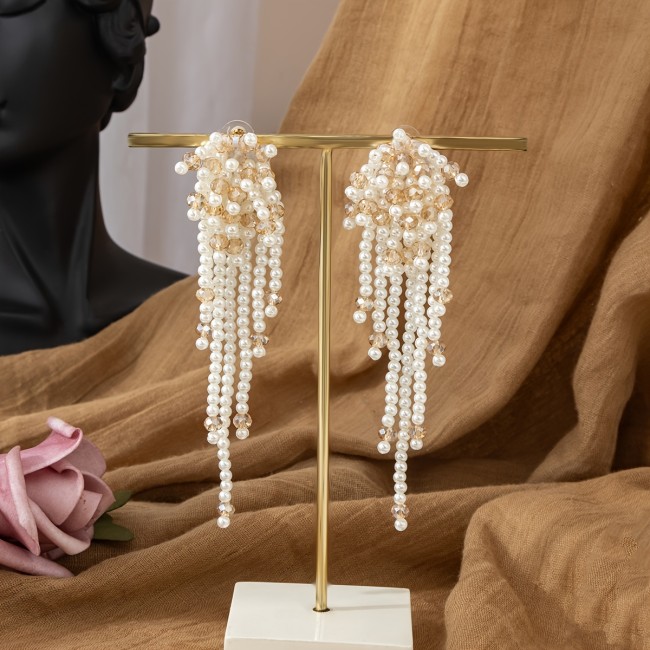 Handmade Beaded Flower Shape Tassel Earrings Long Shiny Personality High-end Atmosphere with Dress Wedding Important Occasions Earrings for Women