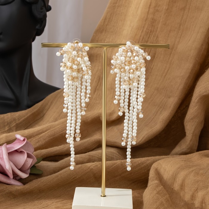 Handmade Beaded Flower Shape Tassel Earrings Long Shiny Personality High-end Atmosphere with Dress Wedding Important Occasions Earrings for Women