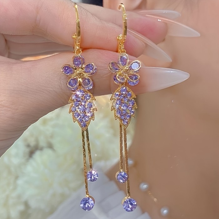 1 Pair Elegant Boho Style 14K Golden Plated Artificial Crystal Tassel Earrings, Purple Floral Leaf Design, Alloy Jewelry for Women, Perfect for Daily Wear & Parties
