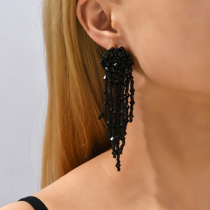 2pcs Elegant Long Tassel Beaded Earrings for Women – Handcrafted White Floral Design with Delicate Beads, Stainless Steel Posts, Perfect for Casual Attire or Vacation Accessories, Novelty Earrings