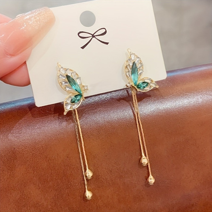 2pcs Stainless Steel Elegant Green Butterfly Tassel Drop Earrings for Women - Alloy Dangle with No Plating, Graceful Design, Versatile Fashion Jewelry