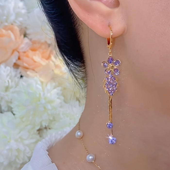 1 Pair Elegant Boho Style 14K Golden Plated Artificial Crystal Tassel Earrings, Purple Floral Leaf Design, Alloy Jewelry for Women, Perfect for Daily Wear & Parties