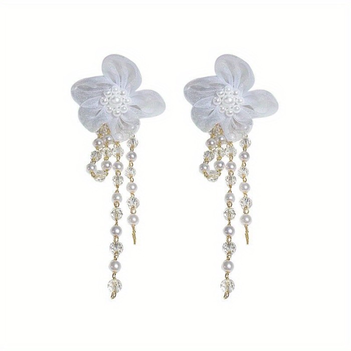 1 Pair of Elegant White Flower Beaded Long Tassel Earrings with Faux Pearls & Crystal Accents - Vintage Bohemian Style Alloy Dangle Earrings, Perfect for Everyday Glamour & Special Gifts, Novelty Earrings