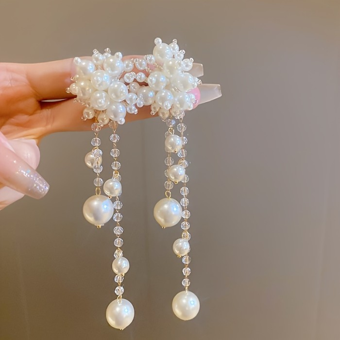 2pcs Elegant French-Style Long Tassel Earrings with Faux Pearl Flower Studs – White Floral Design, Perfect for Daily Wear, Vacation, and Valentine's Day Gift, Daily Wear Earrings | French Style Earrings | Pearl Embellishments, Novelty Earrings