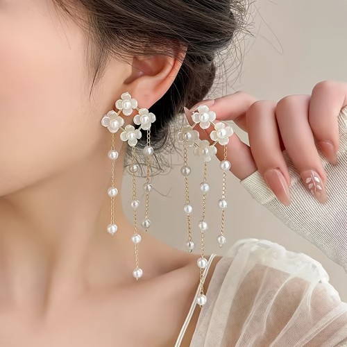 Elegant Floral Tassel Drop Earrings with Imitation Pearls - Long Alloy Dangle Ear Studs for Women, Sophisticated Design for Daily Wear and Special Occasions, Vacation Elegant Wear|Detailed Craftsmanship|Alloy Construction, Pearl Earrings