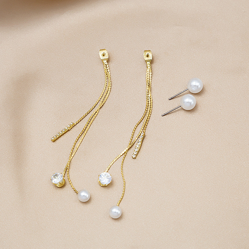 Elegant Long Tassel 3A Zirconia & Faux Dangle Earrings - Golden-Tone Chain with Clear Gemstones, Vintage Boho Style for Casual Attire or Gift, Valentine's Day Special, Romantic Accessories | Vintage Bohemian Style | 3A Zirconia Embellishments