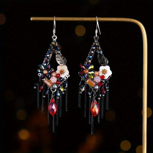 Party Accessories| Elegant Handmade Bohemian Chandelier Earrings - Floral & Beaded Design with Black Chains & Red Faux Crystals - Perfect Statement Jewelry for Women, Ideal for Parties & Festivals