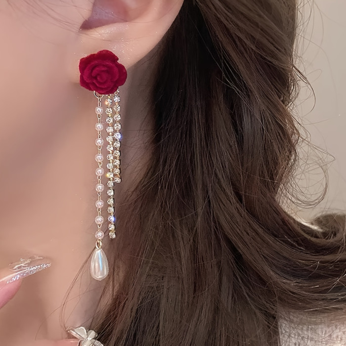 1 Pair of Red Rose 18K Golden Plated Synthetic Zirconia Pearl Tassel Earrings, High Touch Rose Earrings - An Elegant Wedding Accessory