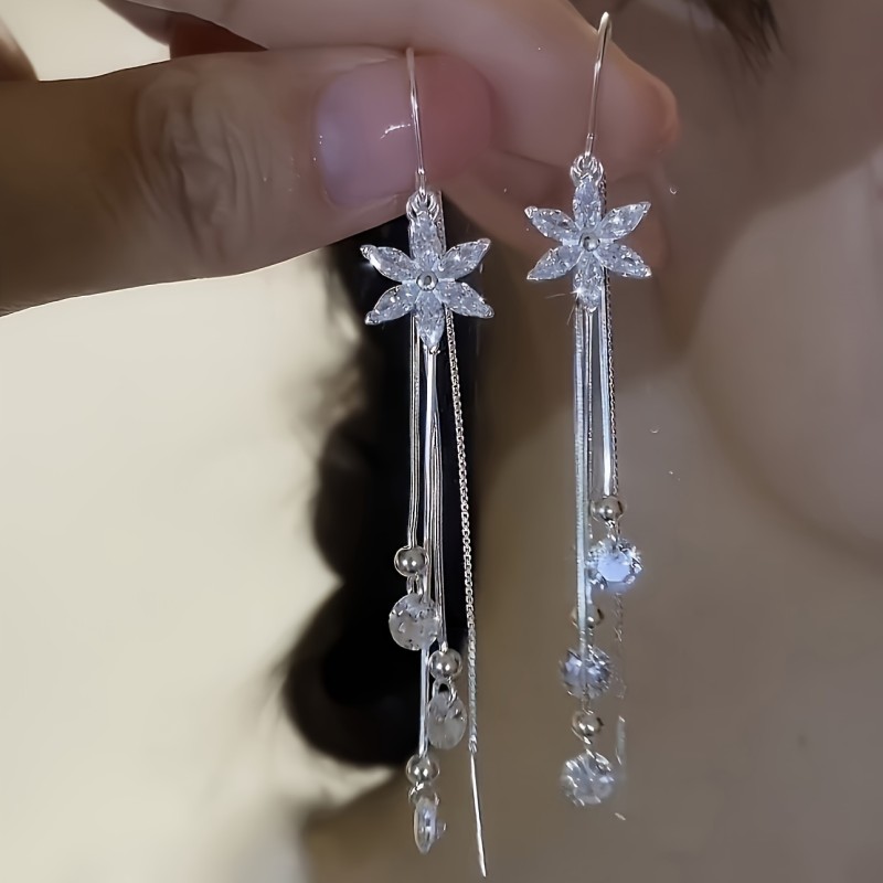 Stylish Long Tassel Flower Earrings, White Alloy with Artificial Gemstones, Simple and Design, Shiny and High-end Fashion Jewelry, Versatile and Elegant Earrings - Perfect for Gifts!