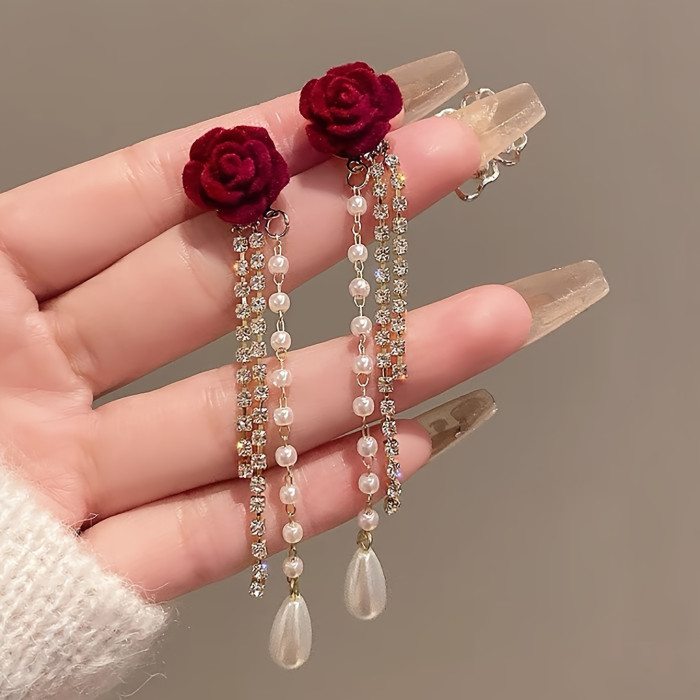 1 Pair of Red Rose 18K Golden Plated Synthetic Zirconia Pearl Tassel Earrings, High Touch Rose Earrings - An Elegant Wedding Accessory
